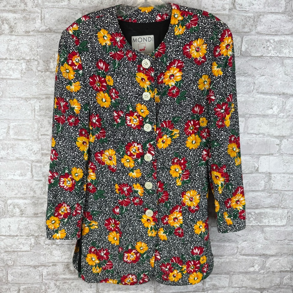 Vintage Mondi Floral‎ Button Up Jacket Blazer Size 34 / 4 Women’s Red b&w
